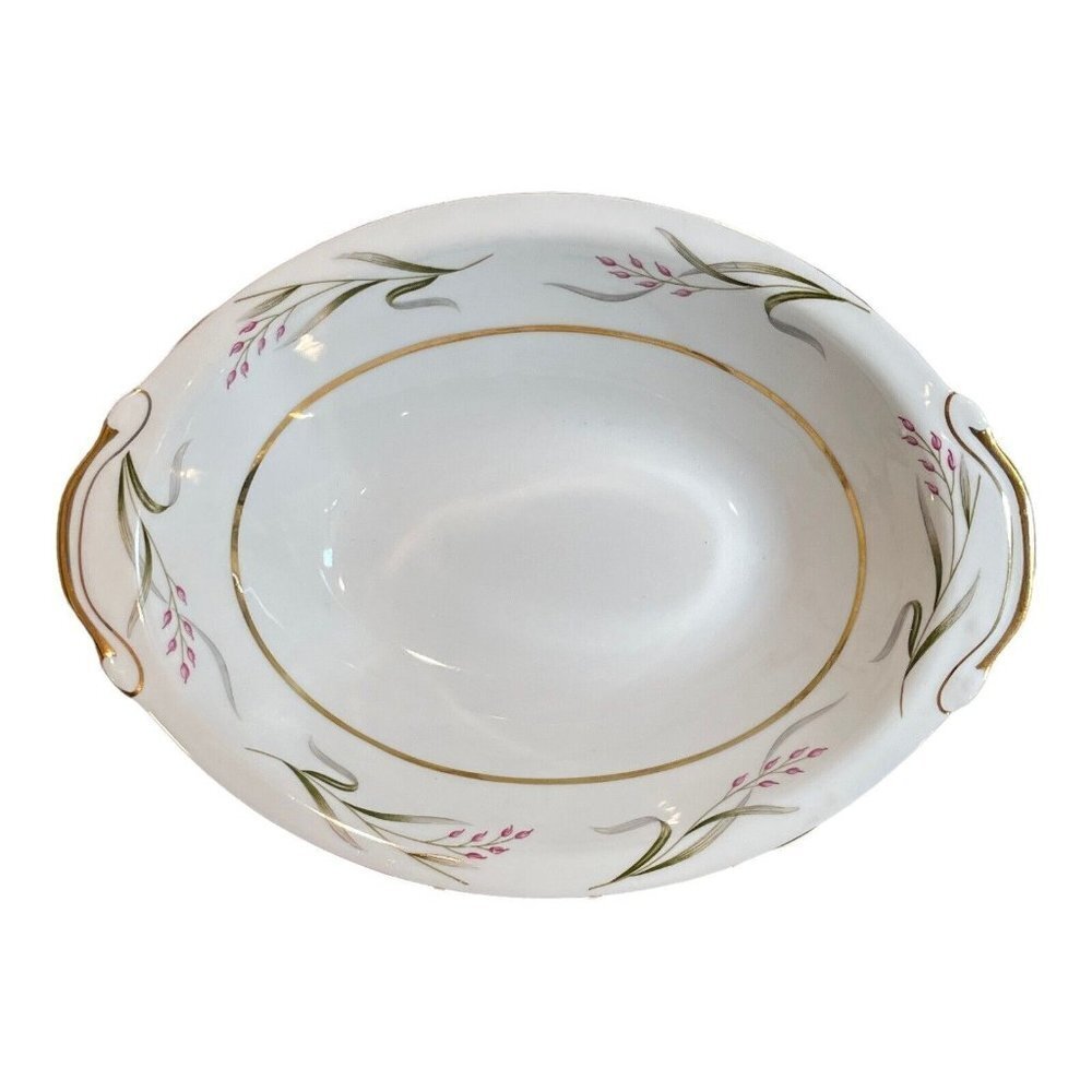 Seyei Bowl 10.5 Inch Serving Porcelain White Gold Trim Flowers Oval Nagoya Japan